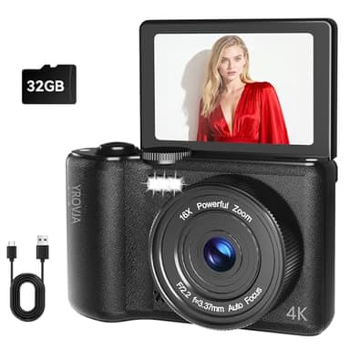 4K Digital Camera for Photography and Video, 2025 Latest 64MP Vlogging Camera for YouTube with 32G TF Card 180°Flip Screen Compact Travel Camera 16X Zoom, Anti-Shake,Suitable for Beginners, Black