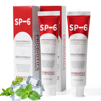 SP-6 Probiotic Whitening Toothpaste, SP-6 Probiotic Toothpaste, Enhanced Formula with 6 Probiotics for Teeth Whitening/Brightening, Enamel-Safe, Fluoride-Free, Fresh Mint Flavor, 4.9oz, 2Pack