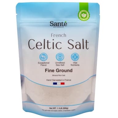 Sante Naturelle Celtic Salt Organic Fine Ground - 1.1lb (18oz) Unrefined French Mineral Sea Salt Organic, Rich in 82+ Minerals, 100% Natural & Hand Harvested Sal Celtica