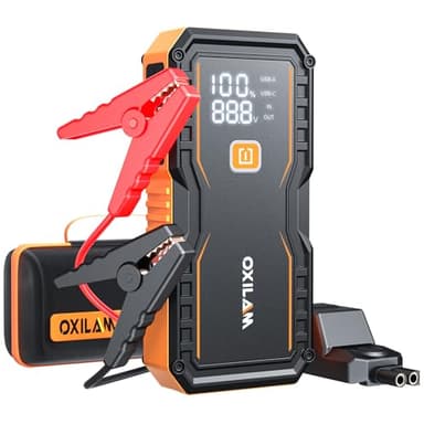 OXILAM Jump Starter 6000A for All Gas/12L Diesel, Car Battery Jumper Starter Portable, 12V Lithium Jump Box with Jumper Cables, LED Display, LED Light, Power Bank with USB, Type C Port