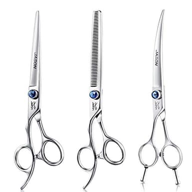 JASON Left Handed 7" Dog Grooming Scissors Set, 3 in 1 Ergonomic Blending, Curved, Straight Cat Pet Hair Trimming Thinning Professional Kits with Offset Handle and a Jeweled Screw Christmas Gift