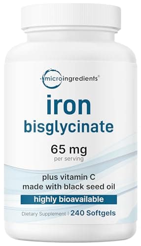 Micro Ingredients Ferrous Iron Bisglycinate 65 mg, 240 Softgels | Chelated Iron Supplement for Women & Men | Supports Red Blood Cell Production* | with Vitamin C & Black Seed Oil | Non-GMO