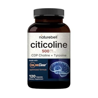 NatureBell Citicoline 500mg - 120 Capsules - Brain Function Support for Adults - Memory & Focus Aid with CDP Choline & Tyrosine - Fast-Absorbing Formula* - Non-GMO & Gluten-Free