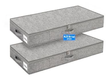 punemi Under Bed Storage Containers, 2 Pack 4.5 Inch Tall Low Profile Underbed Clothes Storage Organizer Bin with Sturdy Side & Bottom Support, Use as Clothes Organizer, Pillow and Blanket Organizer