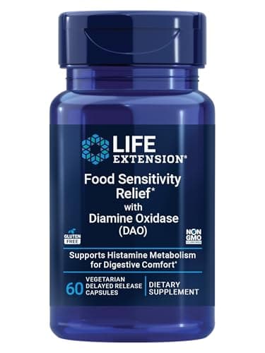 Life Extension Food Sensitivity Relief with Diamine Oxidase (DAO), Occasional Gas, Digestive Comfort, histamine Sensitivity, DAO Enzyme Supplement, Gluten Free, Non-GMO, Vegetarian, 60 Capsules