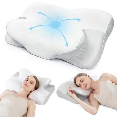 Cervical Neck Pillow for Sleeping - Cooling Ergonomic Memory Foam Pillow for Neck Pain Relief, Soft and Stretchy, Relieves Shoulder Pressure, Side Sleepers, Cooling and Breathable Ice Silk Pillowcase