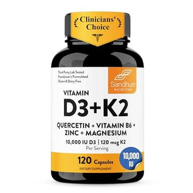 Sandhu's Vitamin D3 K2 Magnesium 10000 IU, 120mcg K2 Capsules 120 Count (Pack of 1) | with VIT B6, Zinc & Quercetin | D3K2 Supports Superior Absorption, Energy, Immune, Muscle Health for Men & Women