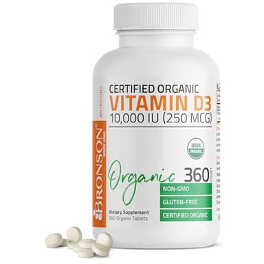 Bronson Vitamin D3 10,000 IU (250 mcg) Certified Organic High Potency Non-GMO Vitamin D Supplement, 360 Tablets