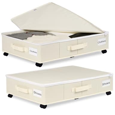Vincona Under Bed Storage with Wheels, 2 Pack Under Bed Storage Containers with Label Holders for Clothes, Shoes and Blankets, Rolling Underbed Shoe Organizer with Cover, Beige (30.71x15.7x7.28 in)