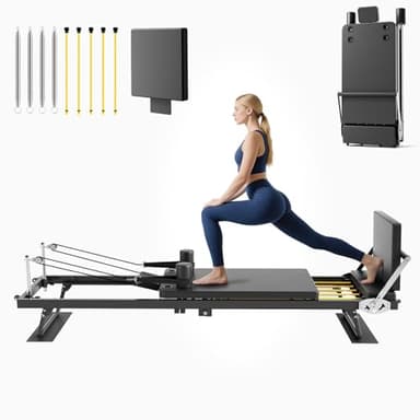Buytime Pilates Reformer, Foldable Pilates Reformer Machine with Dual Resistance - Springs and Cord, Reformer Pilates Machine for Beginners and Advanced Users, Up to 300 lbs Weight Capacity, Black
