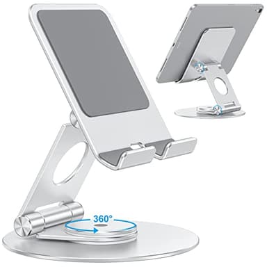 OMOTON T6 Swivel Tablet Stand for iPad with 360 Rotating Base, Foldable Adjustable Holder for Drawing, Compatible with iPad Pro/Air/Mini and More, Silver