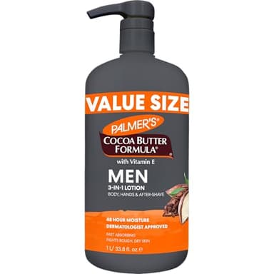 Palmer's Cocoa Butter Formula Men's Face Moisturizer & Body Lotion for Dry Skin, 33.8 oz, 3-in-1 Fast Absorbing Lotion for Men, 48-Hr Hydration with Vitamin E, Soothes Dryness, Dermatologist Approved