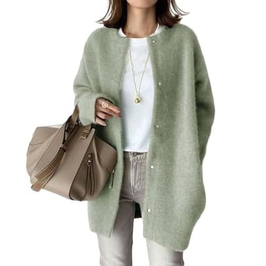 Wool Blend Cardigans for Women Oversized Button Down Mid Length Coat Collarless Open Front Winter Sweater Fall Coats