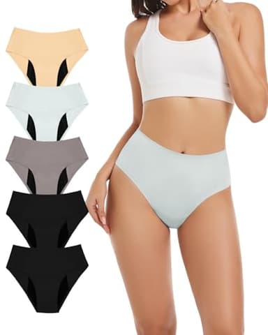 TIICHOO High Waist Period Underwear for Women Heavy Flow Seamless Period Bikini Leakproof Underwear Pack of 5 (Small, 2Black/Beige/Smoke Green/Coffee)