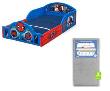 Delta Children Marvel Spider-Man Sleep and Play Toddler Bed with Built-in Guardrails Sweet Beginnings Dual Sided Crib Mattress