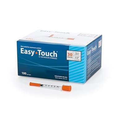 Easy Touch 30 Gauge U-100 Insulin Syringes (30G 0.3cc 1/2”) with 1/2” Long Needle, 0.3cc (30 Unit Capacity), Bold Markings for Accurate Dosing, Disposable, Box of 100