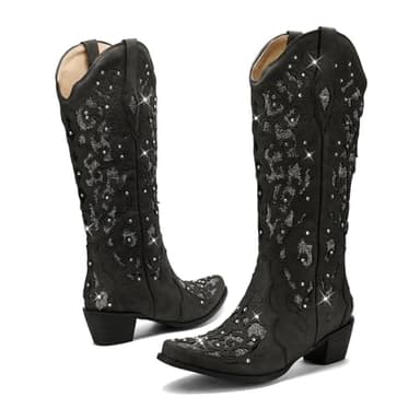 LingxiaUne Black Cowboy Boots for Women, Comfortable Chunky Heel Cowgirl Boots Rhinestone, Mid Calf Western Boot with Glitter,Pointed Toe Sparkle Boot for Dressy Woman Size10