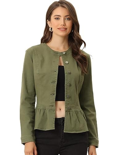 Allegra K Women's Peplum Button Down Cropped Ruffle Hem Denim Jackets Medium Army Green