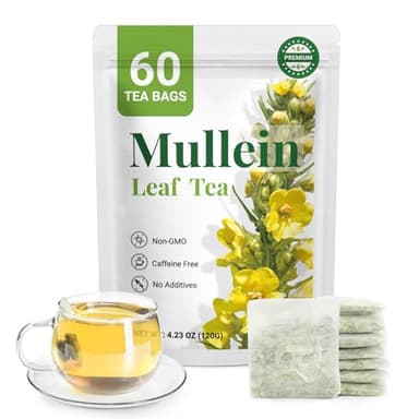 Premium 60 Mullein Tea Bags For Lungs - 100% Pure Mullein Leaf | For Lung Health & Respiratory Wellness Support | Caffeine Free - No Additives & Non-GMO | Plastic-Free, Plant-Based Tea Bags