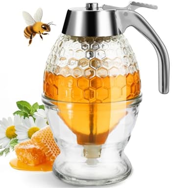 Timtopno Honey Dispenser, Glass Honey Dispenser No Drip, Honey Pot with Stand, 8 oz Honey Jar, Maple Syrup Honey Container, Elegant Honeycomb Design for Home Decor for Any Occasion