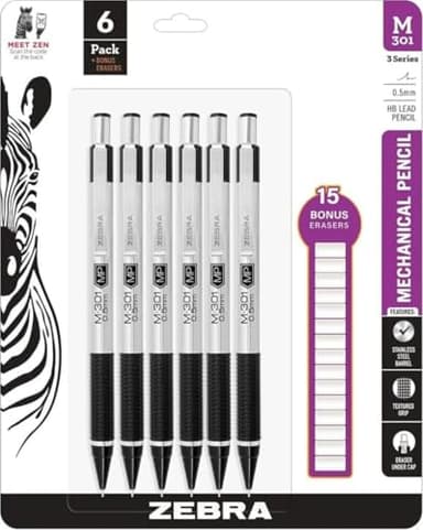 Zebra M-301 Mechanical Pencils 0.5mm, Standard Stainless Steel HB Lead Pencil, 6 Pack with 15 Bonus Eraser Refills