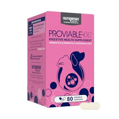 Nutramax Proviable Probiotics for Dogs and Cats, Daily Digestive Health Supplement with Multiple Strains of Bacteria, Cat and Dog Probiotics Plus Prebiotics, 80 Capsules