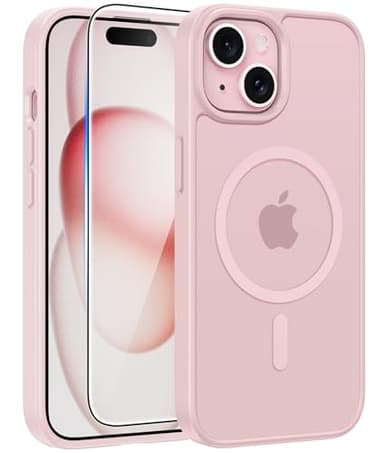FNTCASE for iPhone 15 Case: for iPhone 14 Case & iPhone 13 Case [Compatible with Magsafe] Translucent Matte Cases with [Screen Protector] Military Grade Shockproof Protective Phone Cover - Light Pink