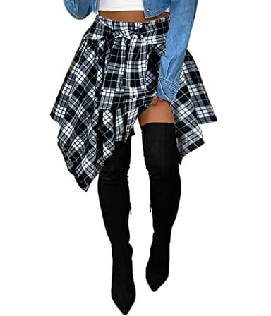 Plaid Skirts for Women - High Waisted Tie Front High Low Hem Asymmetrical Irregular Mini Skirt Black White XL