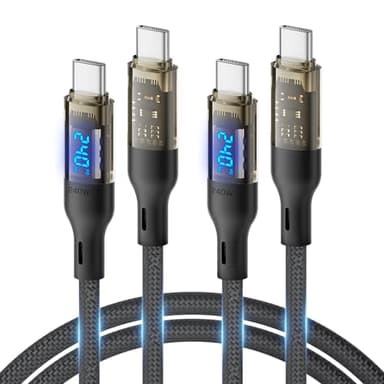 SOOPII 240W USB C to USB C Cable[4ft 2-Pack],Fast Charging USB C Cable with LED Display for Galaxy S23+/S23Ultra/S22Ultra,MacBook Pro,lPhone16/15/15Pro/15ProMax,etc,Transparent Shell,(Black)