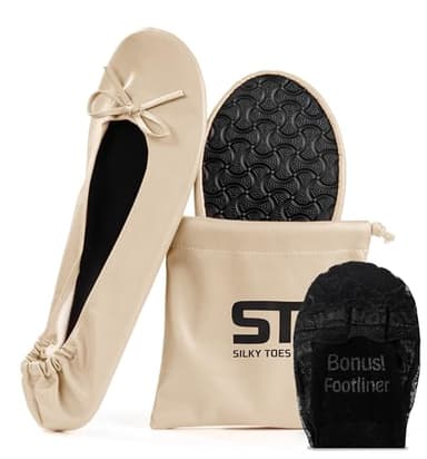 Silky Toes Foldable Flats for Women – Portable Ballet Shoes for Weddings, Parties, Events, Travel – Compact Purse Slippers (Medium, Nude)