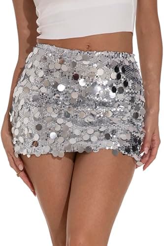 GUANYY Silver Sparkle Sequin Skirts for Women High Rise Short Bodycon Sexy Pencil Skirts Party Club Festival Silver Small