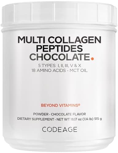 Codeage Multi Collagen Chocolate Protein Powder - Hydrolyzed Bovine Collagen Peptides, 5 Collagen Types & MCT Oil - Collagen Creamer, Chocolate Collagen Peptides - Protein Shakes - Non-GMO - 18.17 oz