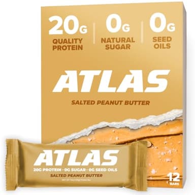Atlas Real Food Protein Bar – 20g Clean Protein, 0g Sugar, No Seed Oils, No Artificial Sweeteners (Salted Peanut Butter, 12 Count)