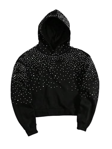 BEAUDRM Men's Rhinestone Hoodie Sweatshirt Y2k Long Sleeve Drop Shoulder Oversized Pullover Tops Streetwear Black Large