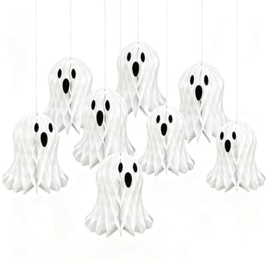 8Pcs Halloween Ghost Hanging Decorations, Large 9.8" x 9.3" Folded Paper Lanterns 3D Cute Ghosts Tree Ornaments, Halloween Party Porches Decor