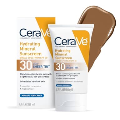 CeraVe Hydrating Mineral Sunscreen SPF 30 with Sheer Tint, Tinted Mineral Sunscreen with Zinc Oxide & Titanium Dioxide, Blends Seamlessly For Healthy Glow, Deep, 1.7 Oz