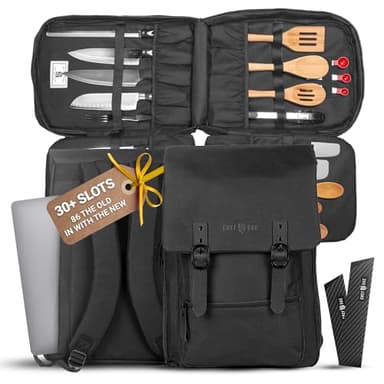 Chef Sac Chef Knife Bag Vintage Backpack | 30+ Pockets for Knives and Chef Tools | Knife Carrying Case with Hidden Back Pocket for Tablet | Sturdy Knife Bag for Chefs & Culinary Work (Black)