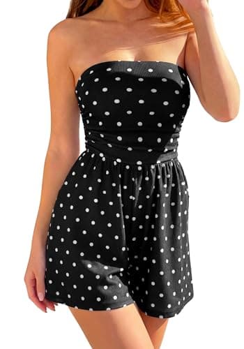BTFBM Romper For Women 2026 Spring Strapless Printed Tube Boho Wide Leg Beach Short Jumpsuit Summer Date Night Rompers(Polka Dots Black, Small)