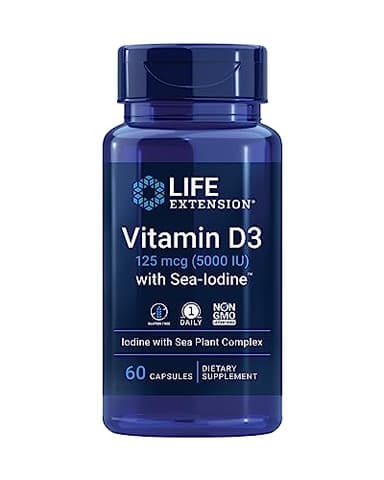 Life Extension Vitamin D3 with Sea-Iodine™, 125 mcg (5000 IU) – Immune Support, Bone Health, Thyroid Health – 1 Daily, Gluten-Free, Non-GMO – 60 Capsules