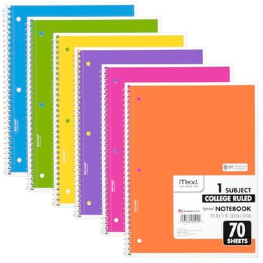 Mead Spiral Notebook, 6 Pack, 1 Subject, College Ruled Paper, 7-1/2" x 10-1/2", 70 Sheets per Notebook, Assorted Bright Colors (830050-ECM)