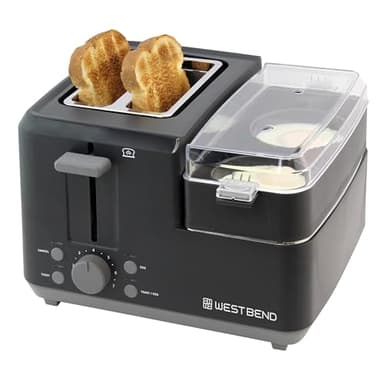 West Bend Breakfast Station 2-Slice Toaster and Egg Cooker/Poacher with Removable Pre-Cooked Meat and Vegetable Warming Tray for Perfect Breakfast Sandwiches, 1200-Watts, Black