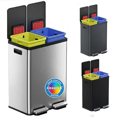 iTouchless 16 Gallon / 60L Dual Kitchen Trash Can & Recycle Bin, 2x8 Gal Removable Buckets, Soft-Close Stainless Steel Step Pedal, Fingerprint-Resistant, AbsorbX Odor Filter – Brushed Silver