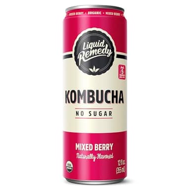 Liquid Remedy Kombucha Sugar Free Organic Drink, Low Calorie, Probiotic Like Tea for Gut Health - Mixed Berry - 12 Fl Oz Can