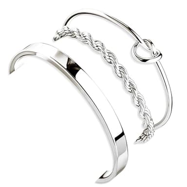 Sterling Silver Plated Bangle Bracelets Stack for Women, Silver Cuff Link Chain Bracelets Set, Trendy Waterproof Jewelry Gifts Adjustable