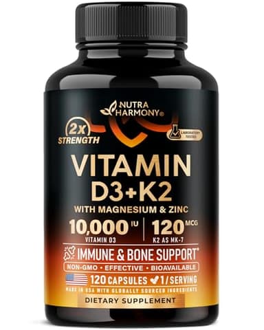 Vitamin D3 K2 - Vitamin D3 10000 iu & K2 as MK-7 120 mcg - Immune & Mood Support, for Bone & Teeth Health - with Magnesium, Zinc & Vitamin C & B12 - Highly Bioavailable - Made in USA, 120 Capsules