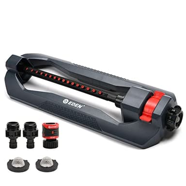 Eden 96213 Essential Turbo Oscillating Water Sprinkler, Covers Up to 3,600 sq. ft., 16 Nozzles, Weighted Base, Adjustable Range, Quick Connect Bundle, Dark Grey, Red, Silver