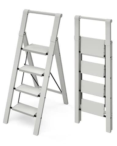 Mayi Plus 4 Step Ladder, Lightweight Folding Step Stool with Convenient Handgrip,Aluminum 330lbs Capacity Step Ladder for Office,Household,Kitchen,Library(Grey)
