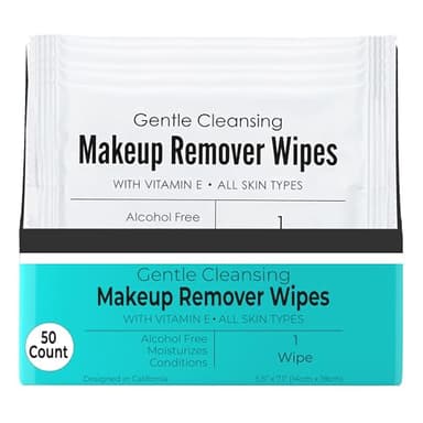 World Amenities - Makeup Remover Wipes - Alcohol Free - Vitamin E Face Wipes for Sensitive Skin Comfort - Individually Wrapped - Travel Friendly Facial Cleansing Wipes - 50 Count