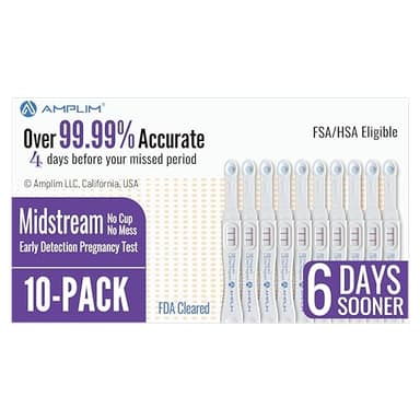Amplim HCG Early Detection Pregnancy Test Bulk Stick 6-Days Sooner, Extra Sensitive 10 MIU/mL, Midstream 2-Sec Easy Home Tests, 99.99% Accurate Result, 10 Pack