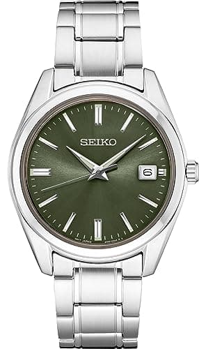 SEIKO Men's Quartz Watch - Green Dial with Date, Stainless Steel Bracelet, 100M Water Resistant